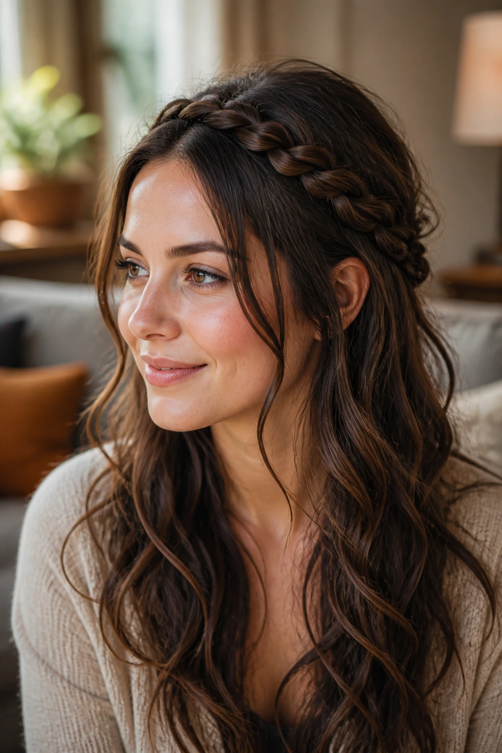 Close-up of a real woman with braided headband and face-framing curls
