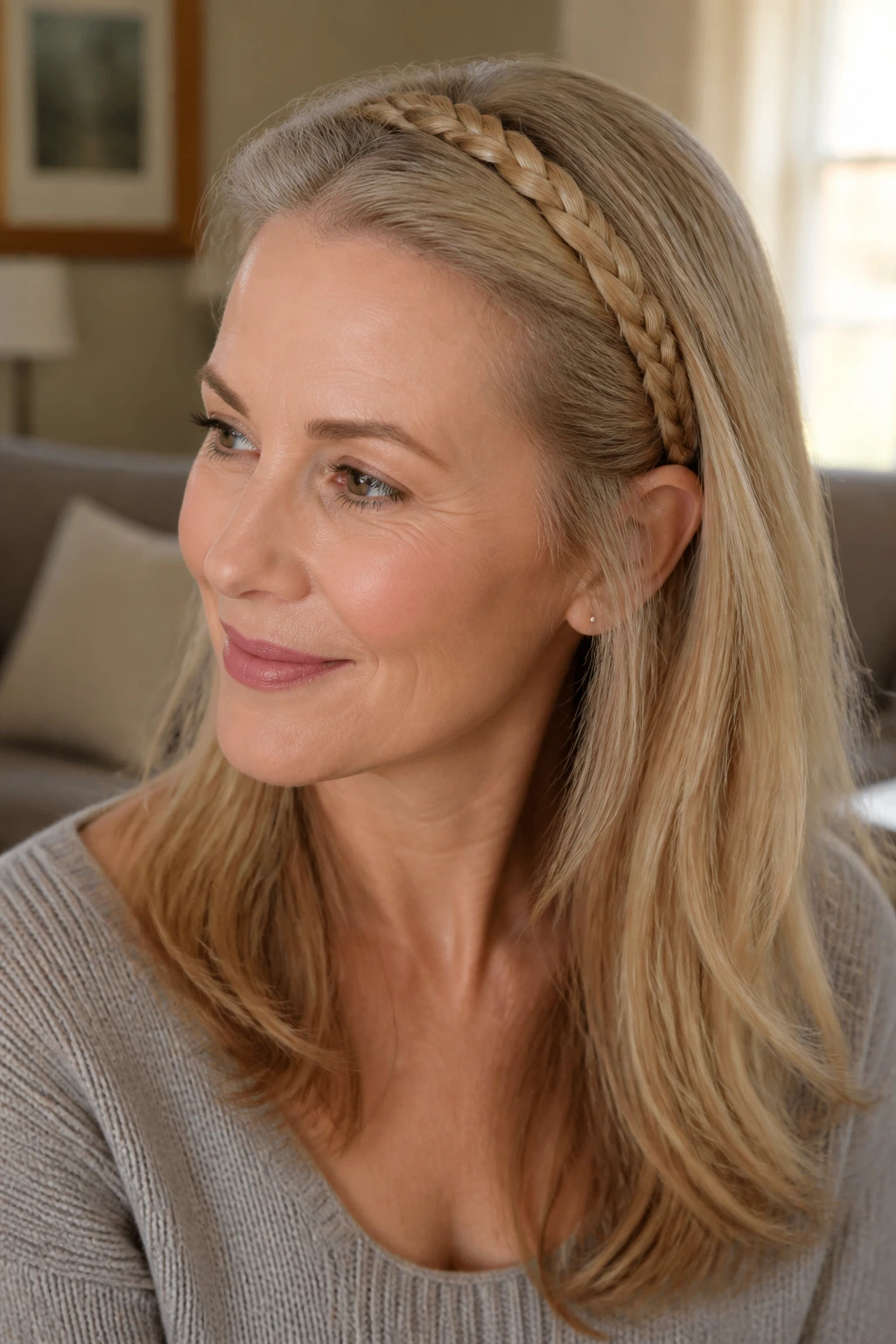 Real woman wearing a braided headband across the front, hair down