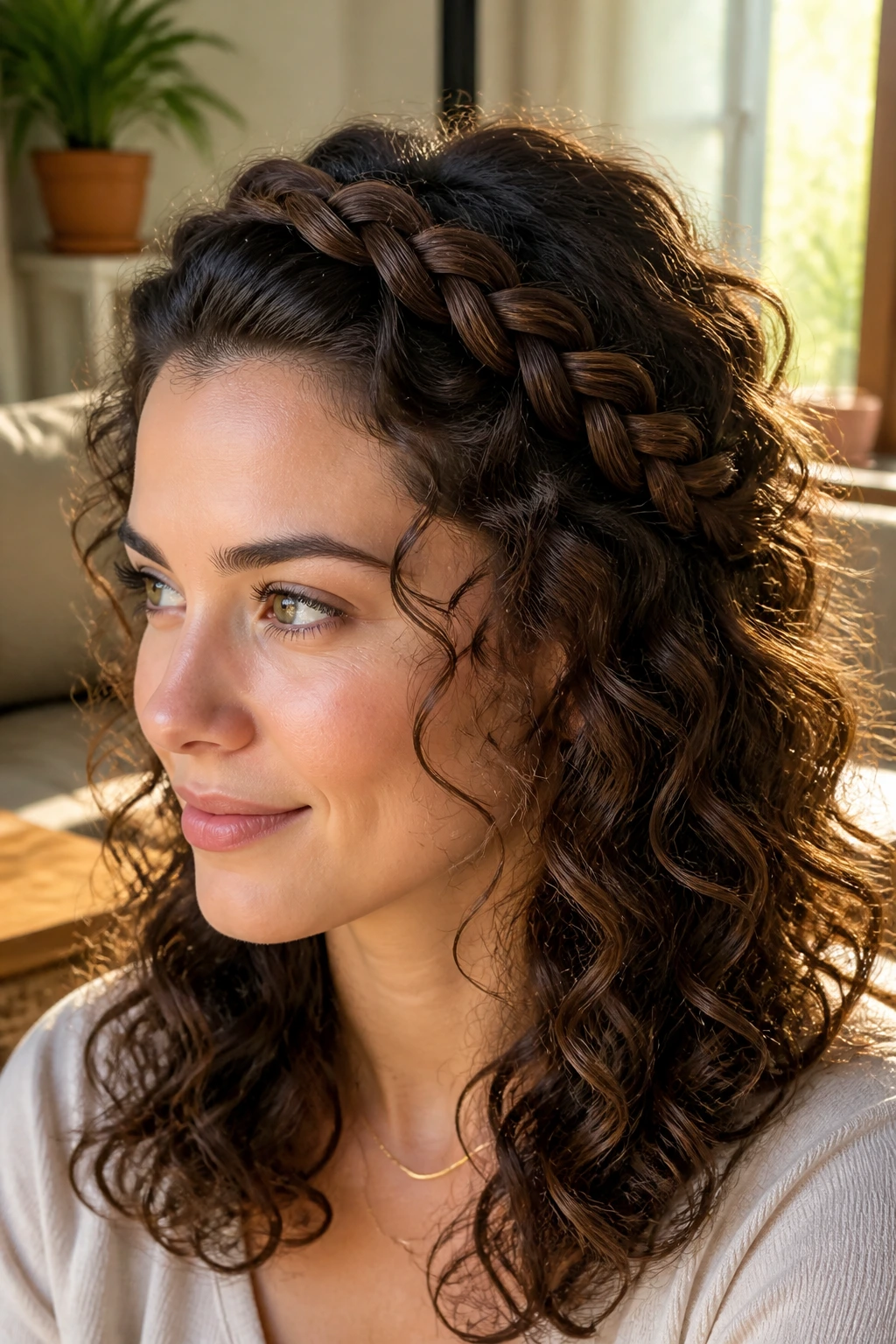 Close-up of real woman with braided headband frame across the front