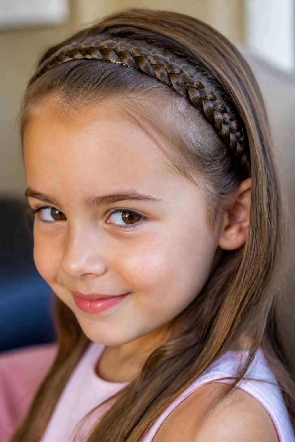 Close-up of a real girl with a braided headband clearing the face.