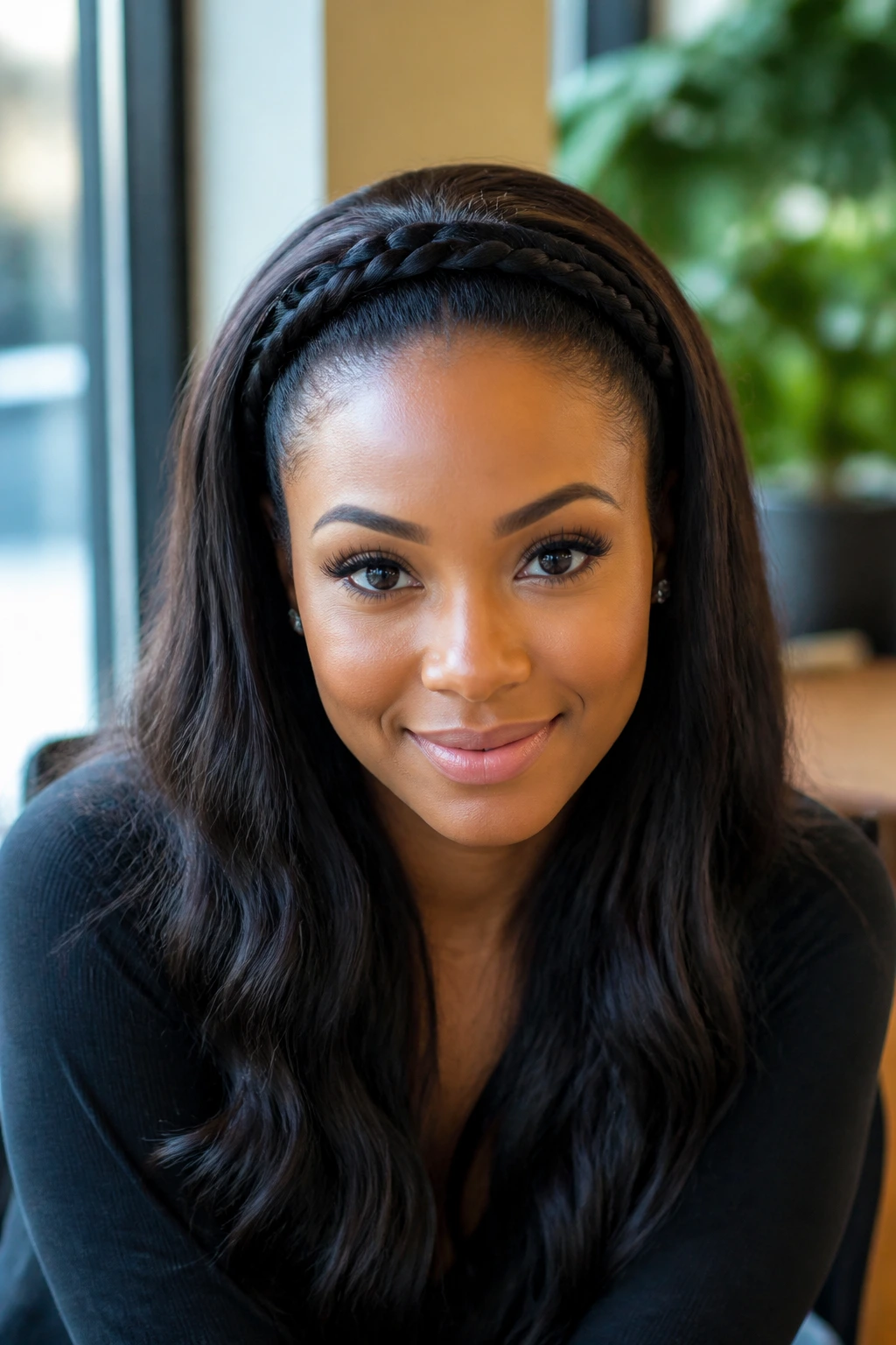 Close-up portrait of a real woman with a braided headband across the forehead
