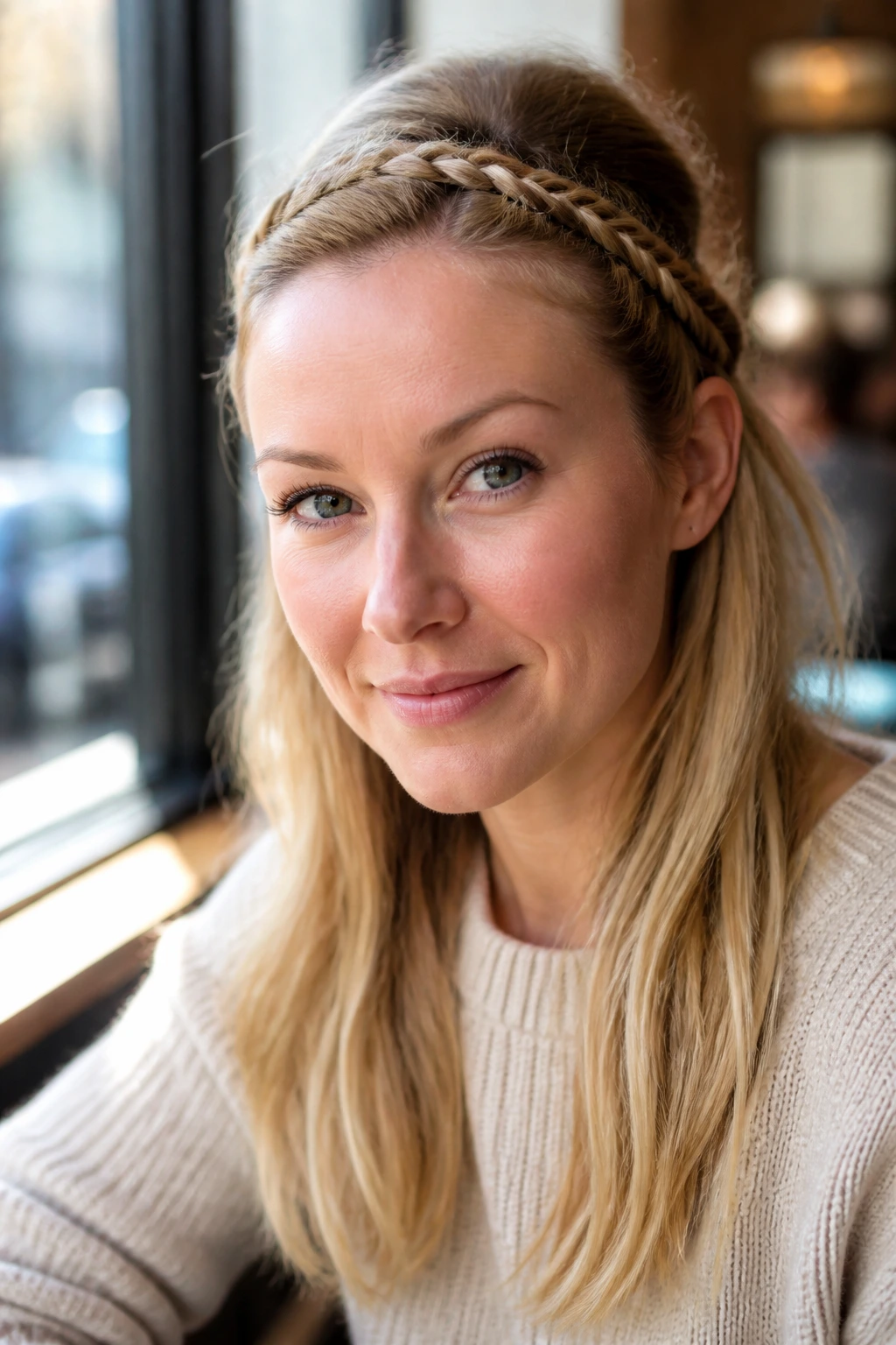 Close-up of a real woman with a braided headband half-up hairstyle