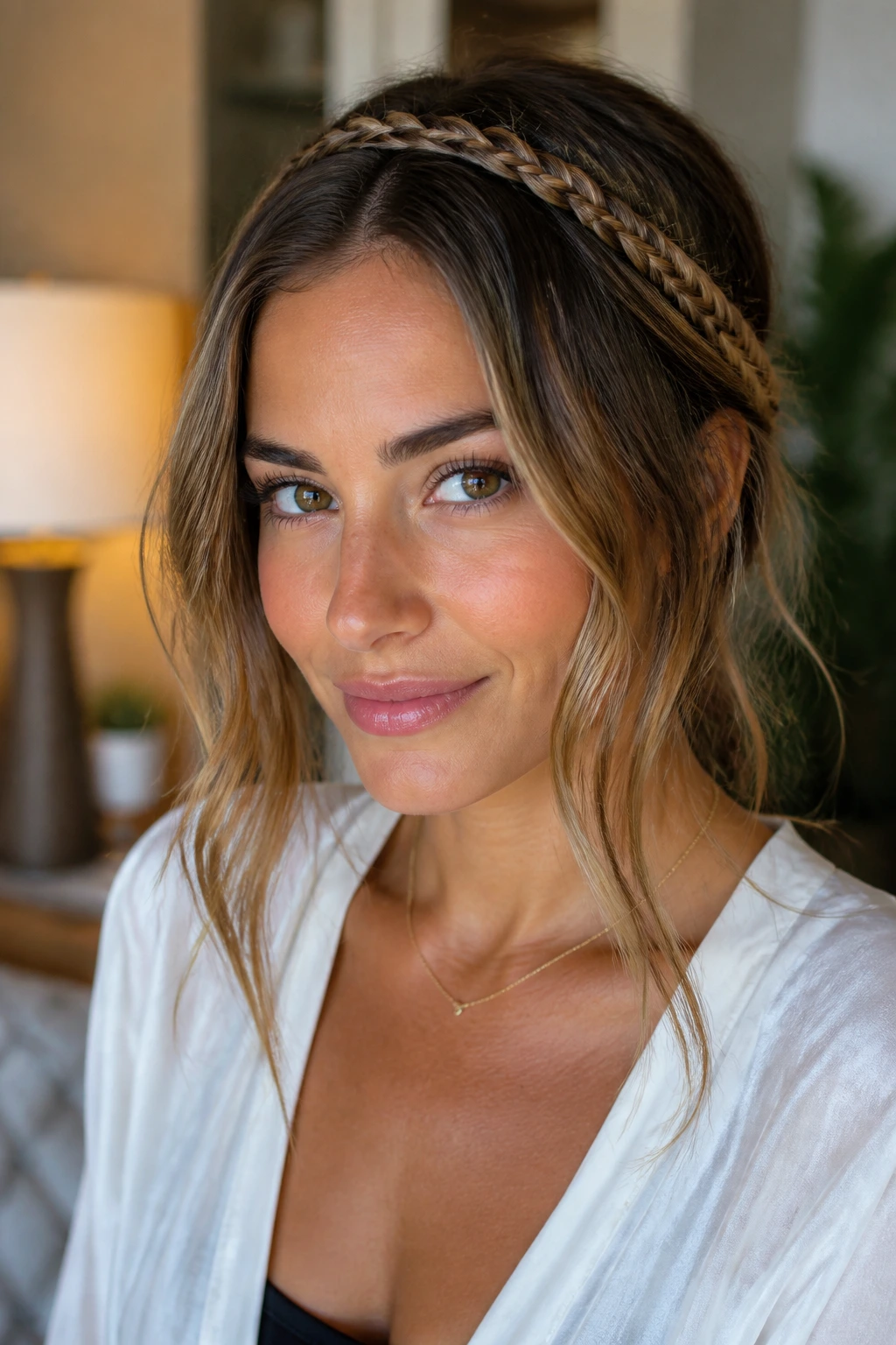 Close-up of a real woman with a crown braid and loose face-framing ends