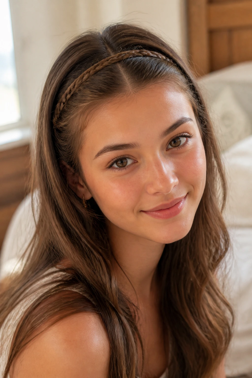 Close-up of a real girl's head with a braided headband across the crown in warm bedroom light