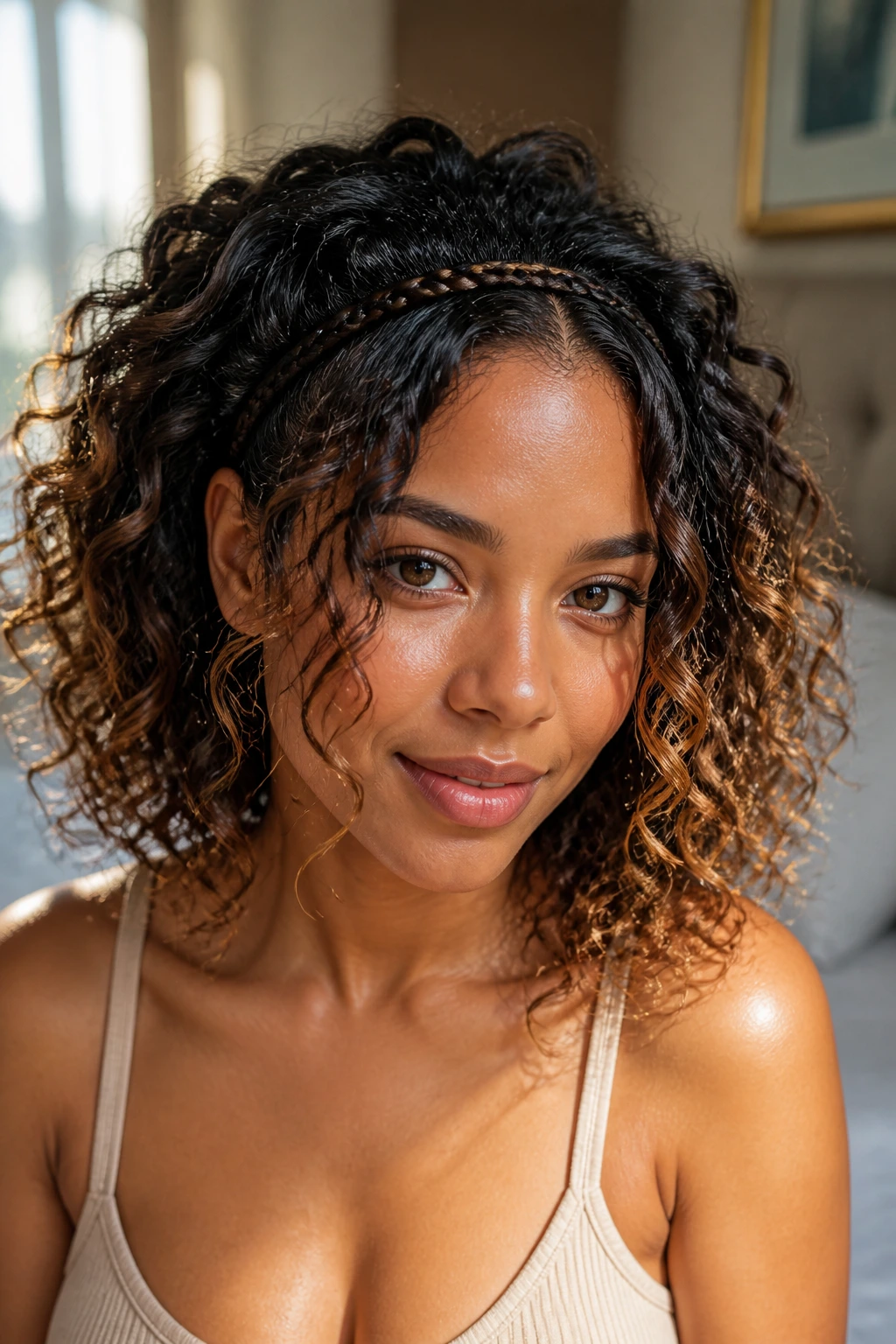Close-up portrait of a real woman wearing a narrow braided headband, curls framing her face.