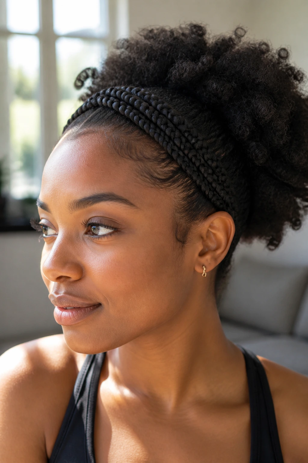Close-up of a real woman with a braided headband and natural curly puff
