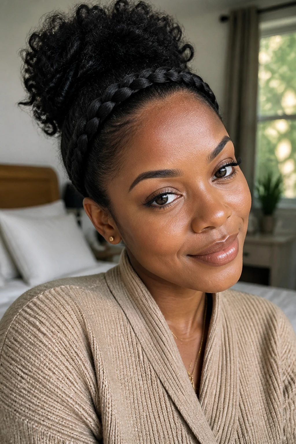 Close-up of a real woman with a braided headband along the hairline in a cozy bedroom