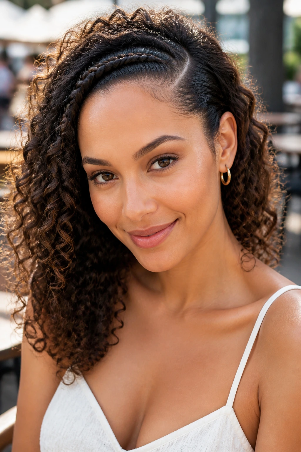 Close-up of a real woman wearing a braided headband along a side part