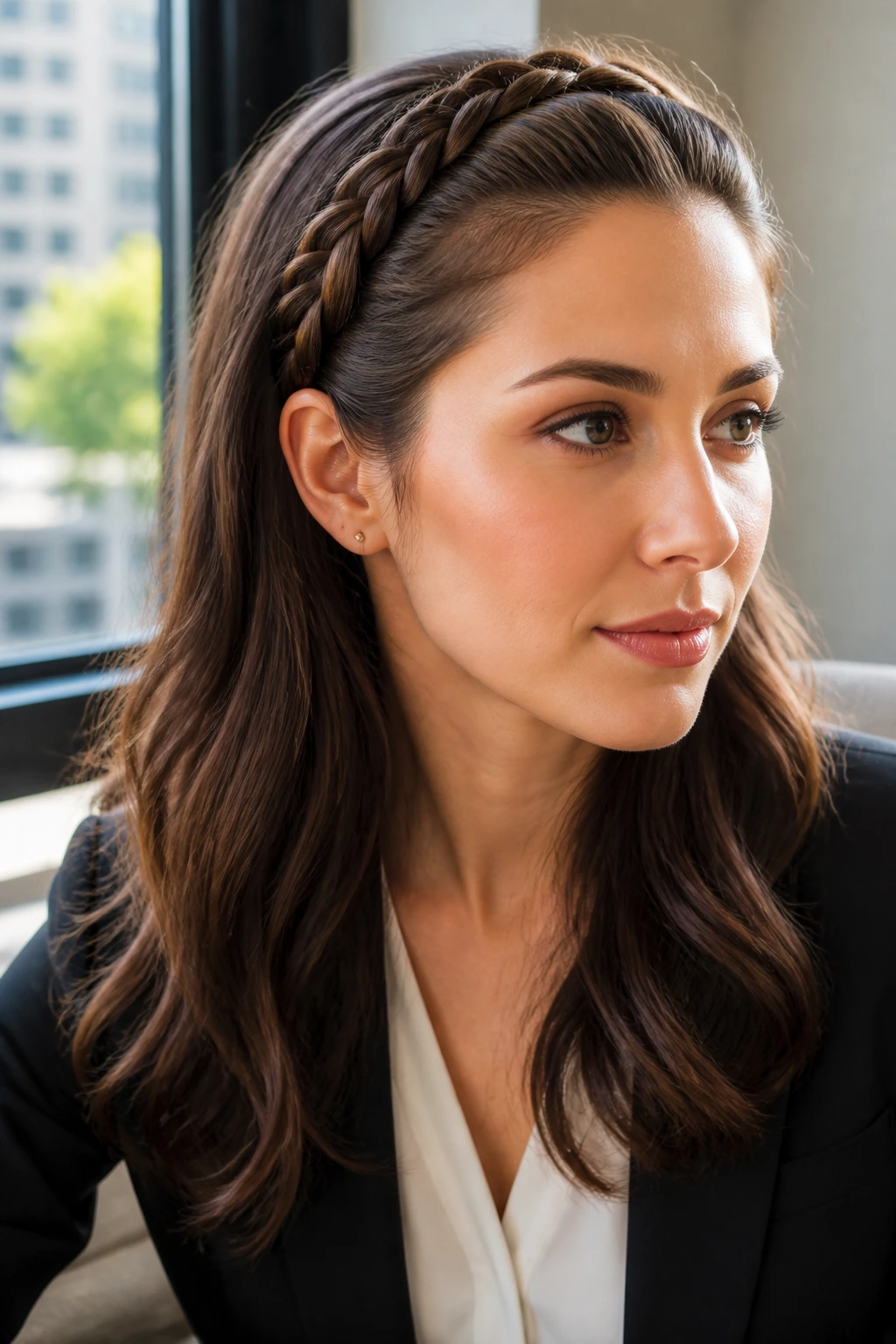 Close-up portrait of a real woman with a thick braided headband and loose hair in an office window seat.