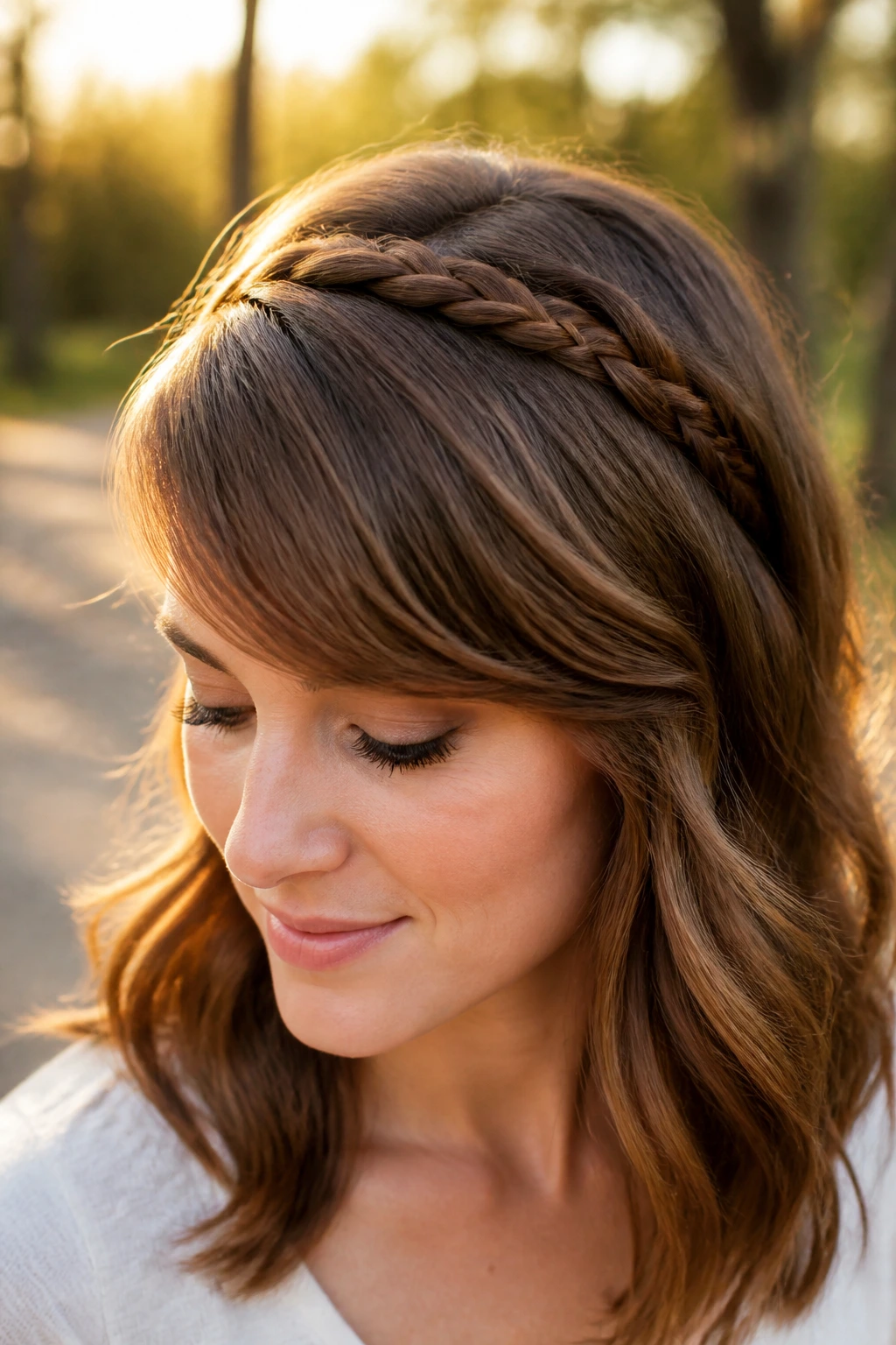 Close-up portrait of a real woman with a braided headband and side-swept bangs in a park at golden hour