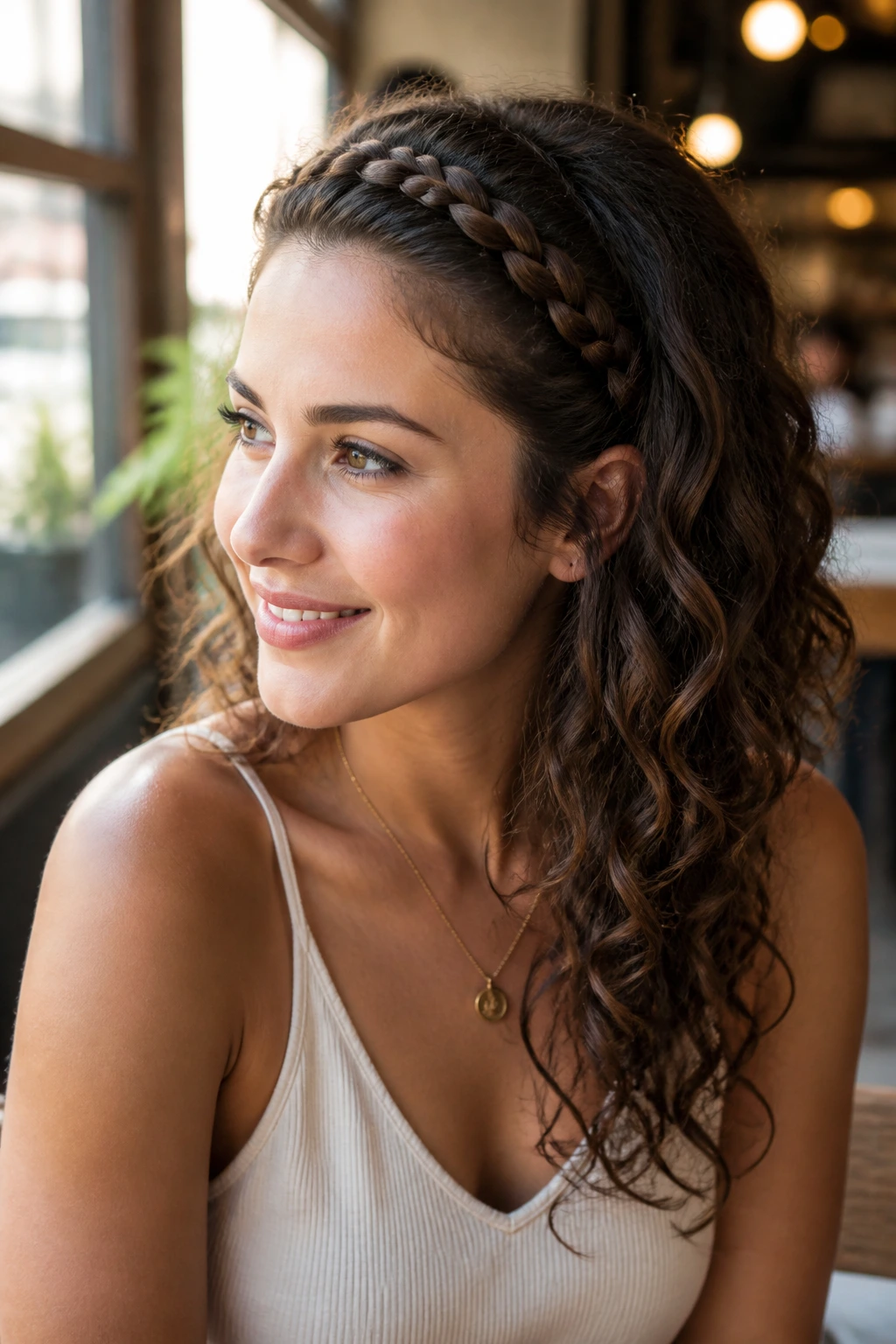 Real woman with braided headband across hairline and loose beachy waves in natural daylight