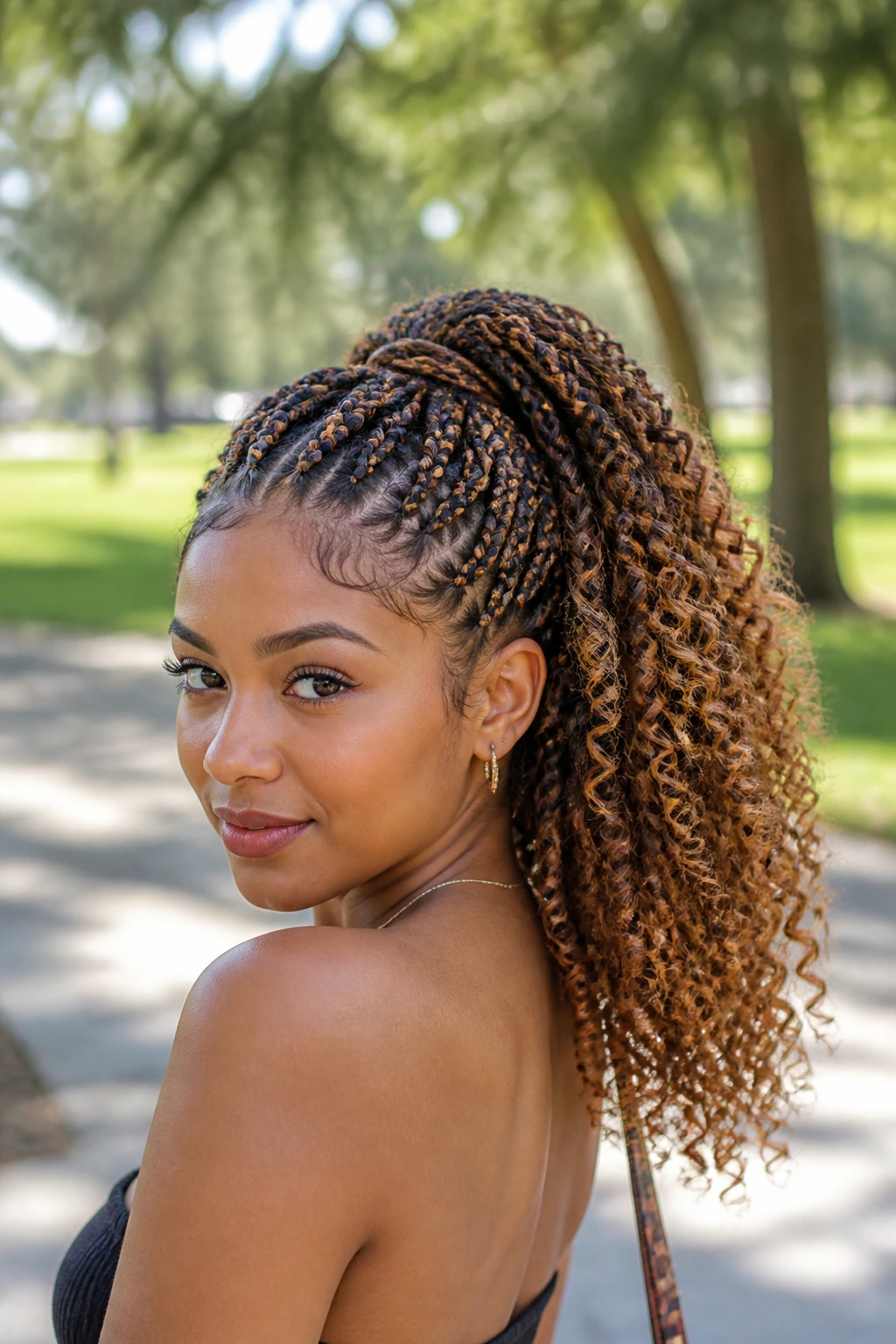 Portrait of a woman with a braided high ponytail and curly base with caramel streaks