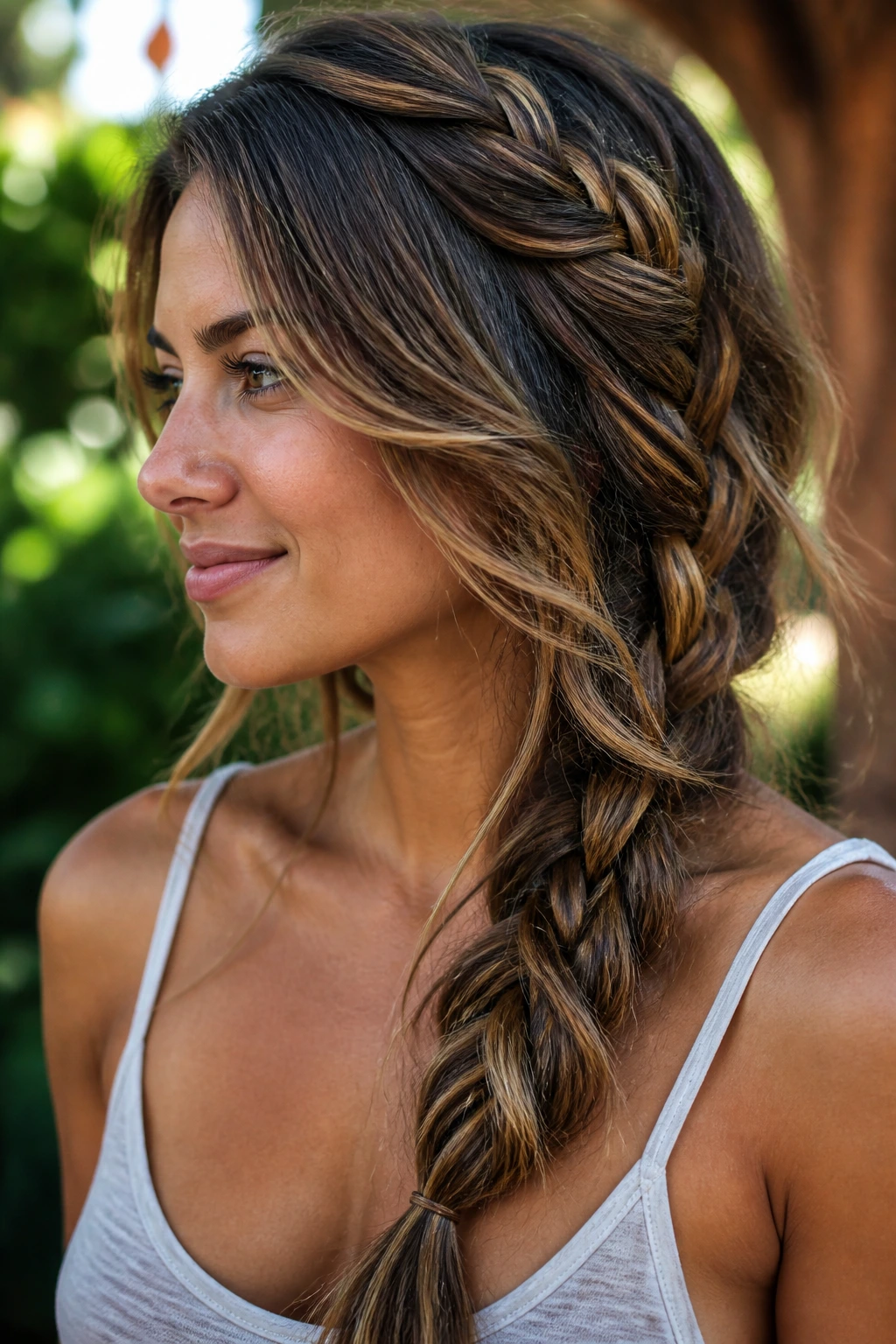 Close-up of a real woman with braided layered hair and caramel highlight pops