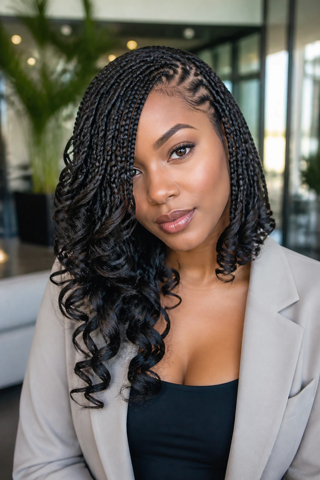 Close-up of a real woman with braided lob and curled layers in a bright office lobby.