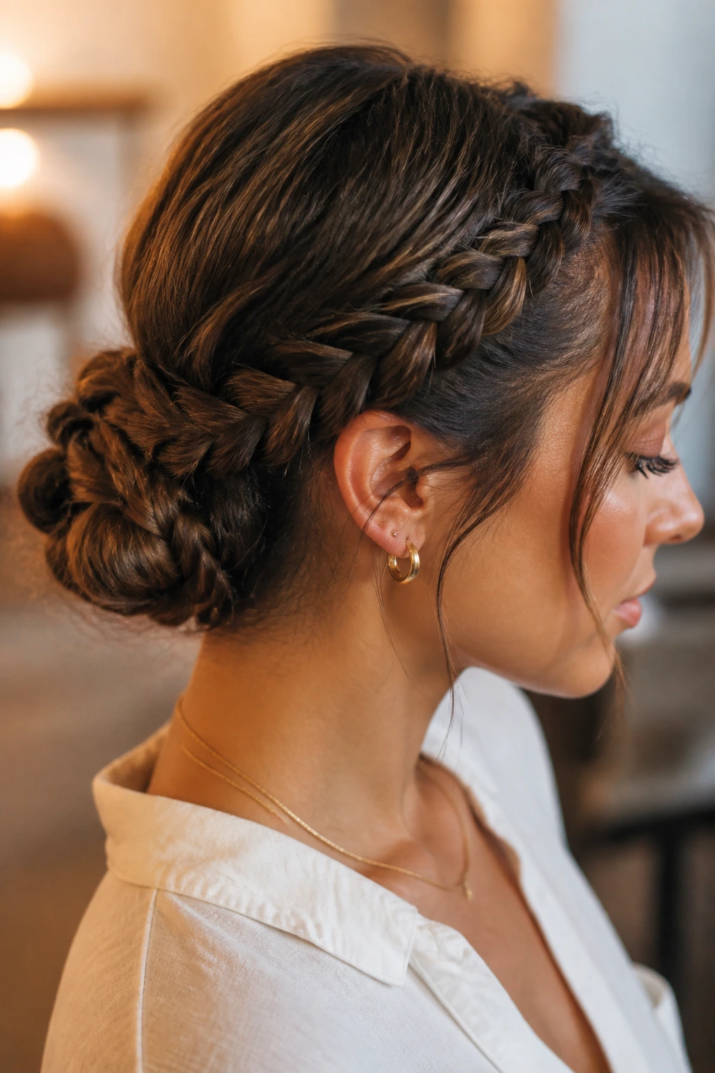 Profile shot of a woman with a braided low bun demonstrating variation for different hair types