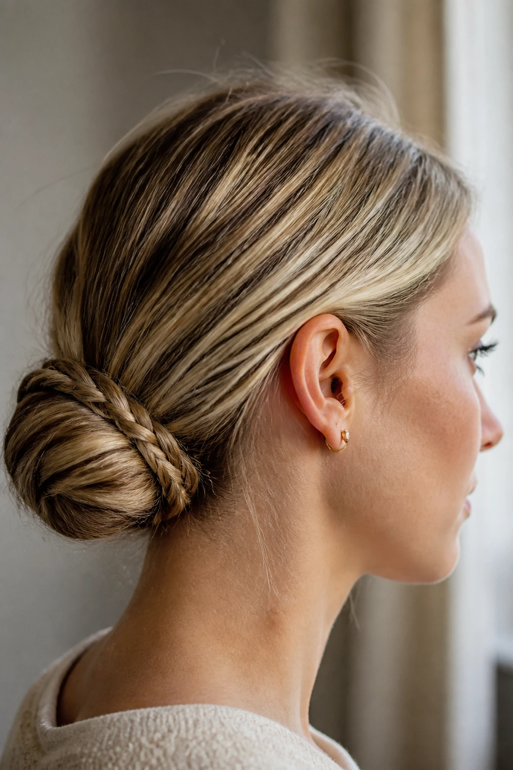 Close-up of a real woman with a braided low bun at the nape