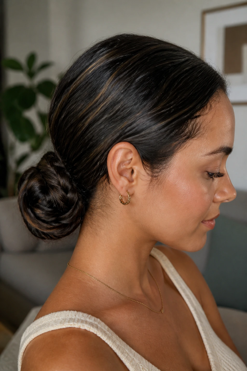 Close-up portrait of a real woman with a braided low bun at the nape
