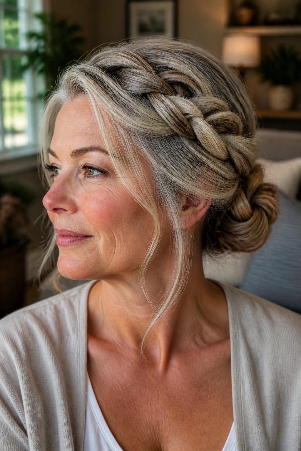 Close-up portrait of a real woman with a thick braided low bun at the nape in warm window light