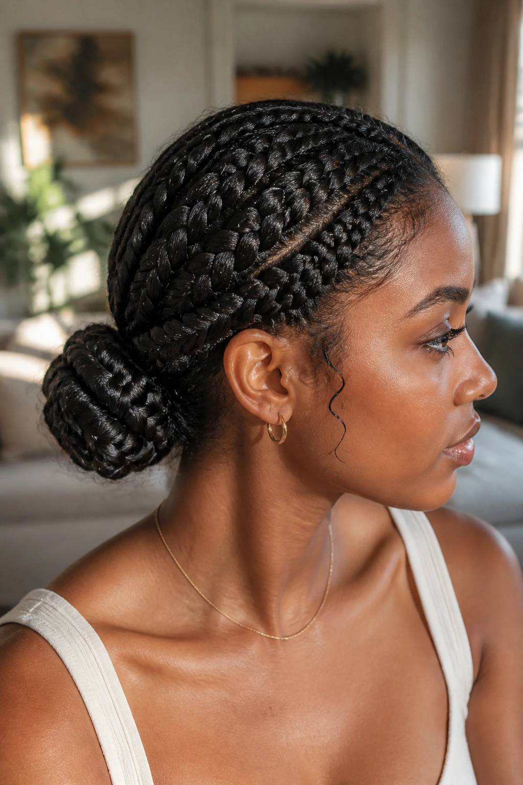 Close-up of a woman with a braided low bun at the nape