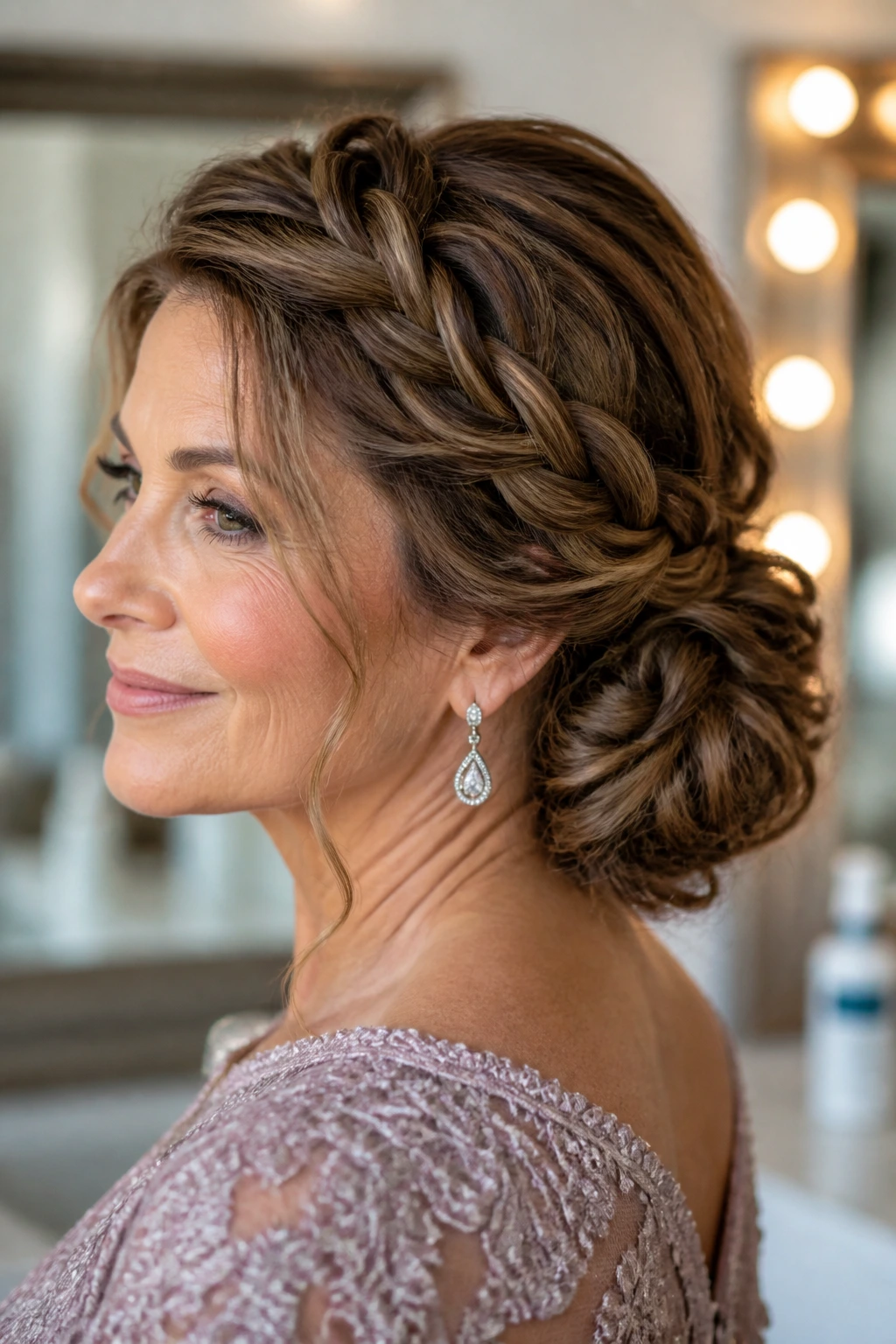 Close-up of a real woman with a braided low knot in a dressing room