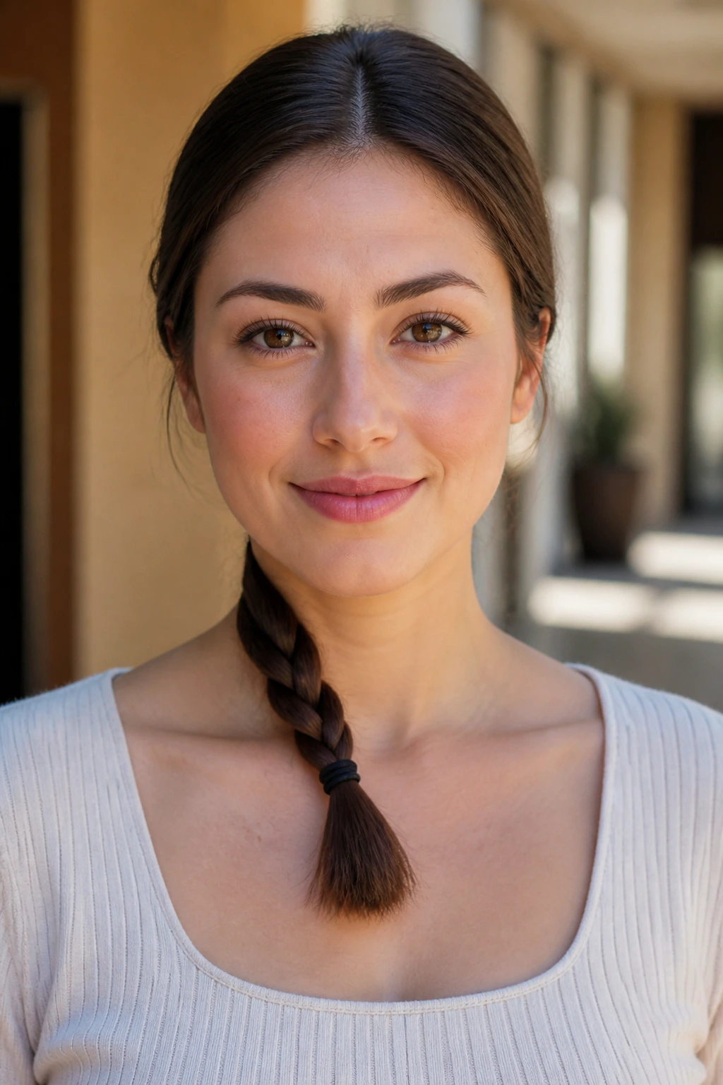 Close-up of a real woman with a braided low ponytail.