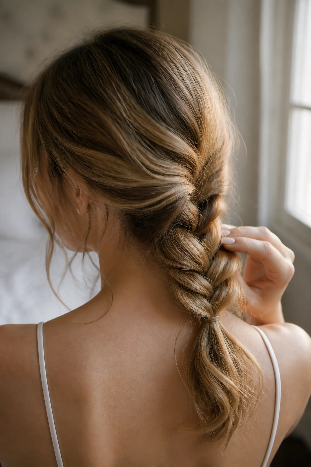 Close-up of a real woman with a braided low ponytail at the nape in warm natural light