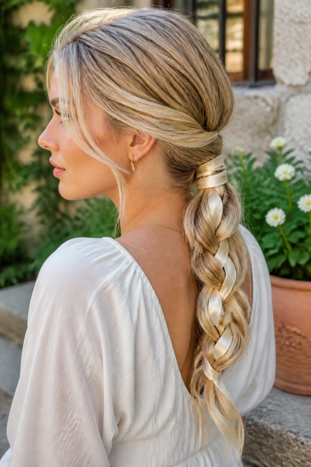 Real woman with braided low ponytail and vanilla ribbons