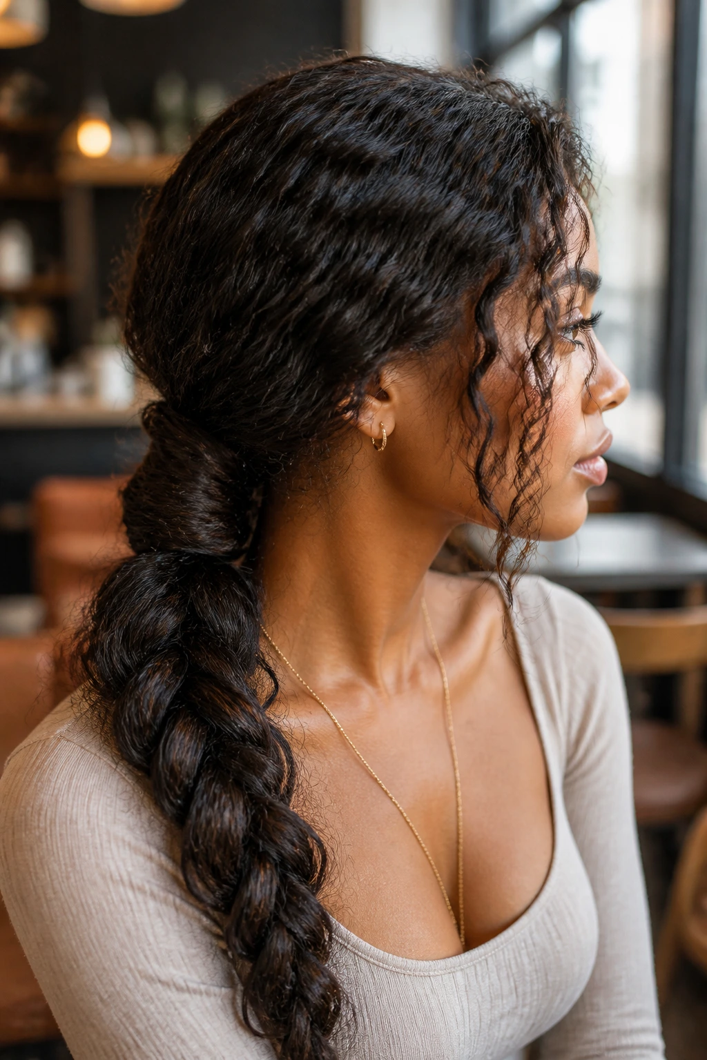 Close-up of a real person with a braided low ponytail and wrapped base.