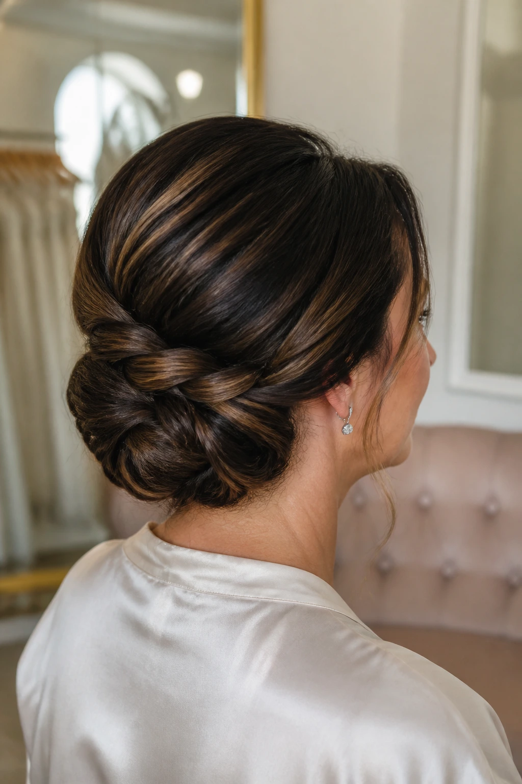 Close-up of braided low updo with tucked ends on a real woman's hair
