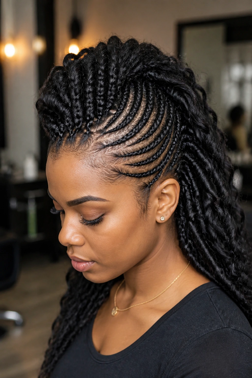 Close-up of a real person with a braided Mohawk and cornrow sides.