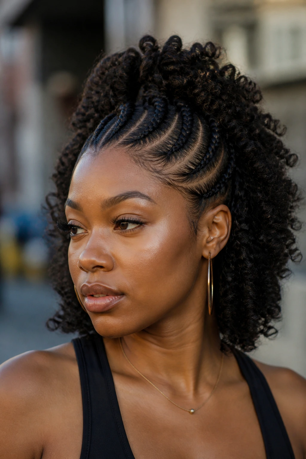Close-up of braided Mohawk with fluffy curls on a real woman
