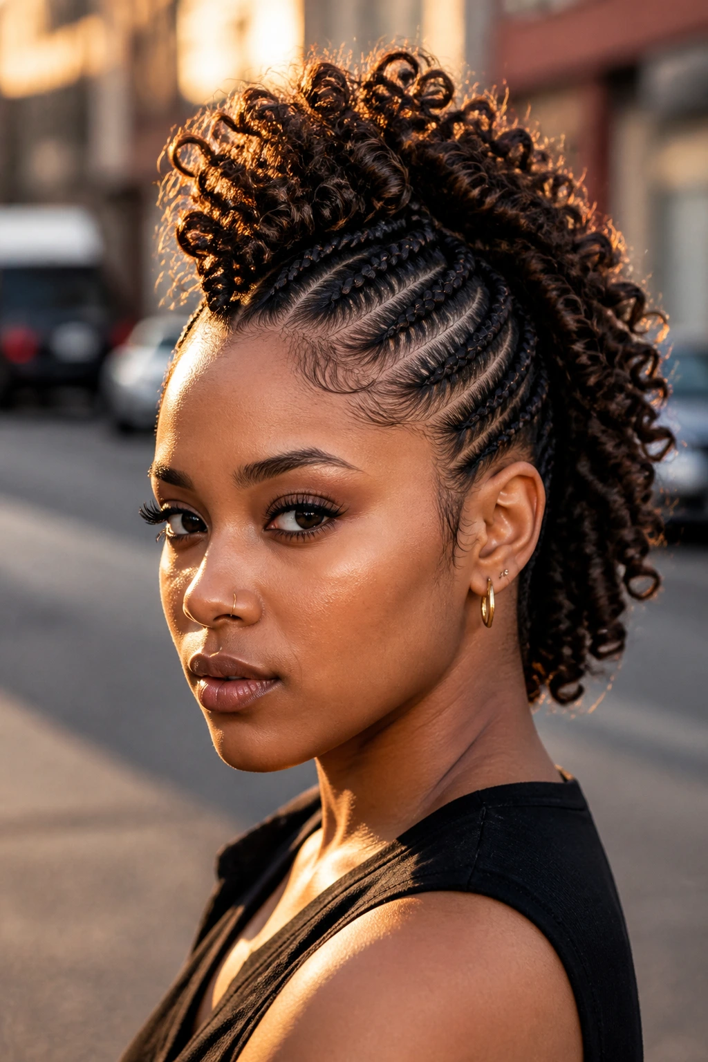 Close-up of real woman with braided mohawk and curly ends