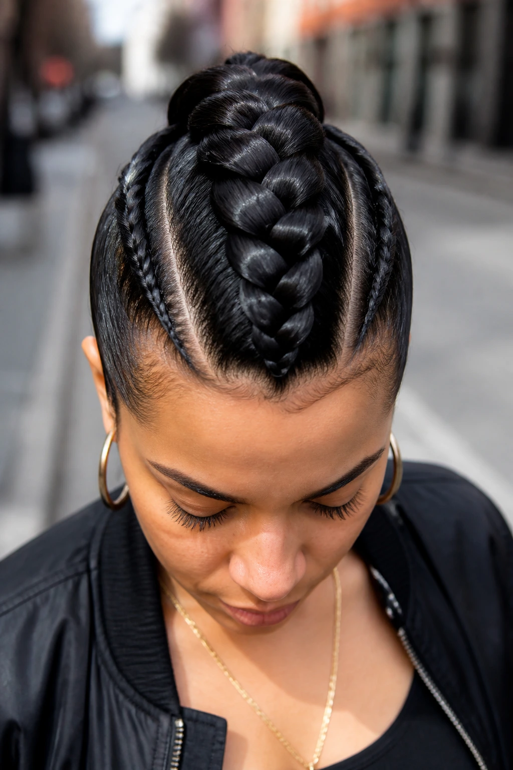 Portrait of a real person with a braided Mohawk Dutch braid along the center ridge