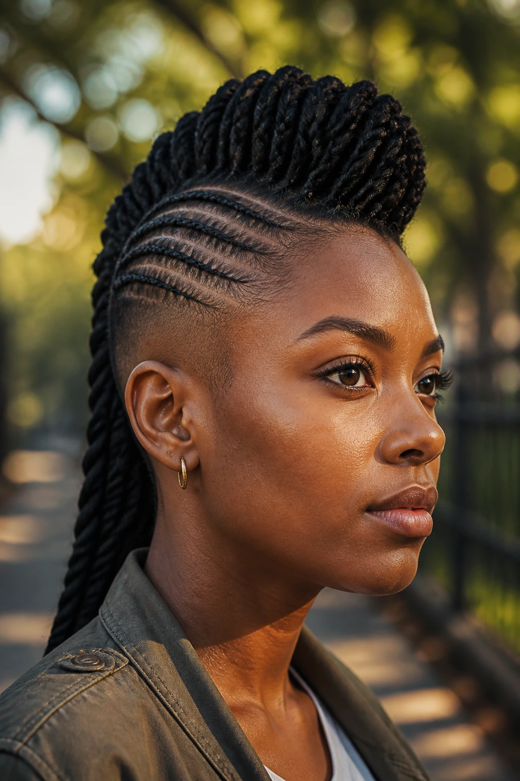 Close-up of a real person with a braided mohawk and shaved sides