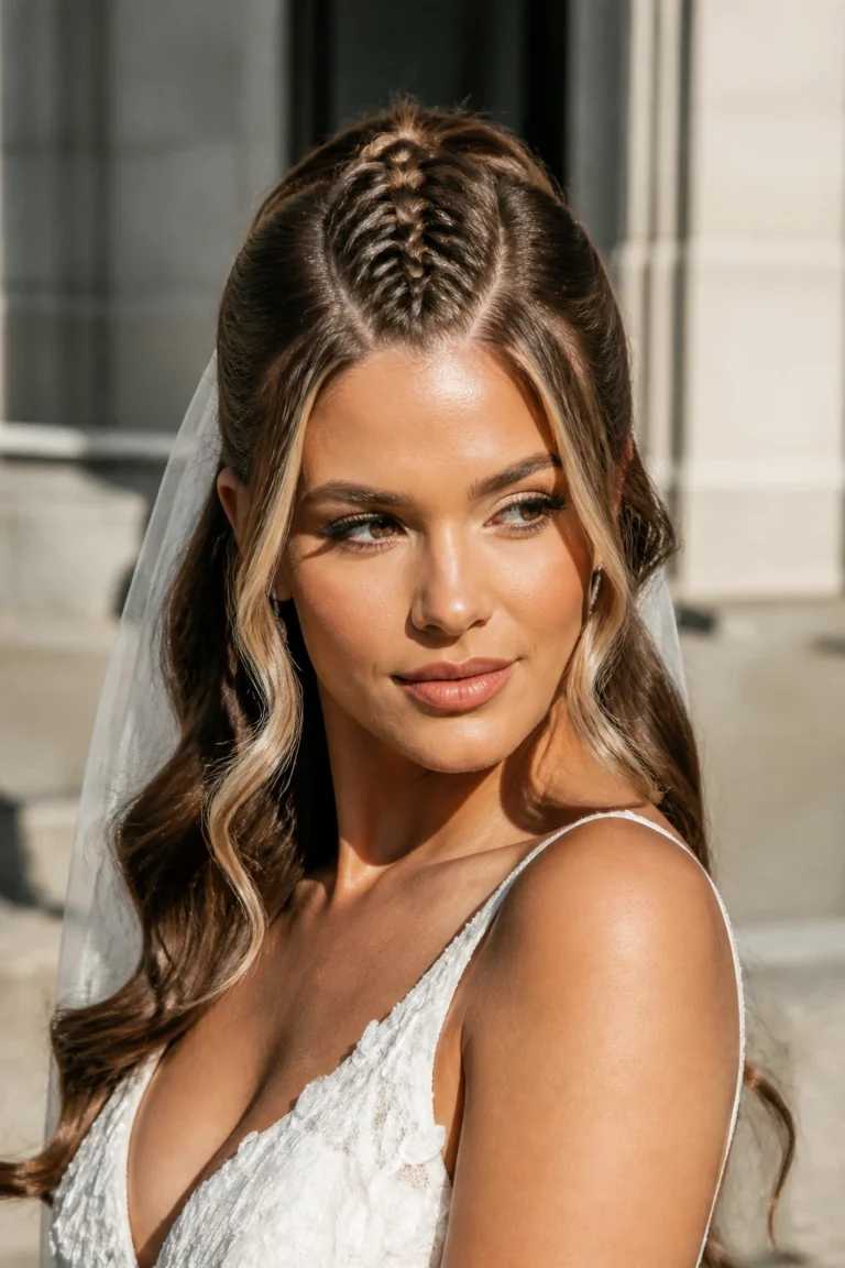 30 Half Updos for Weddings with Money Piece Highlights
