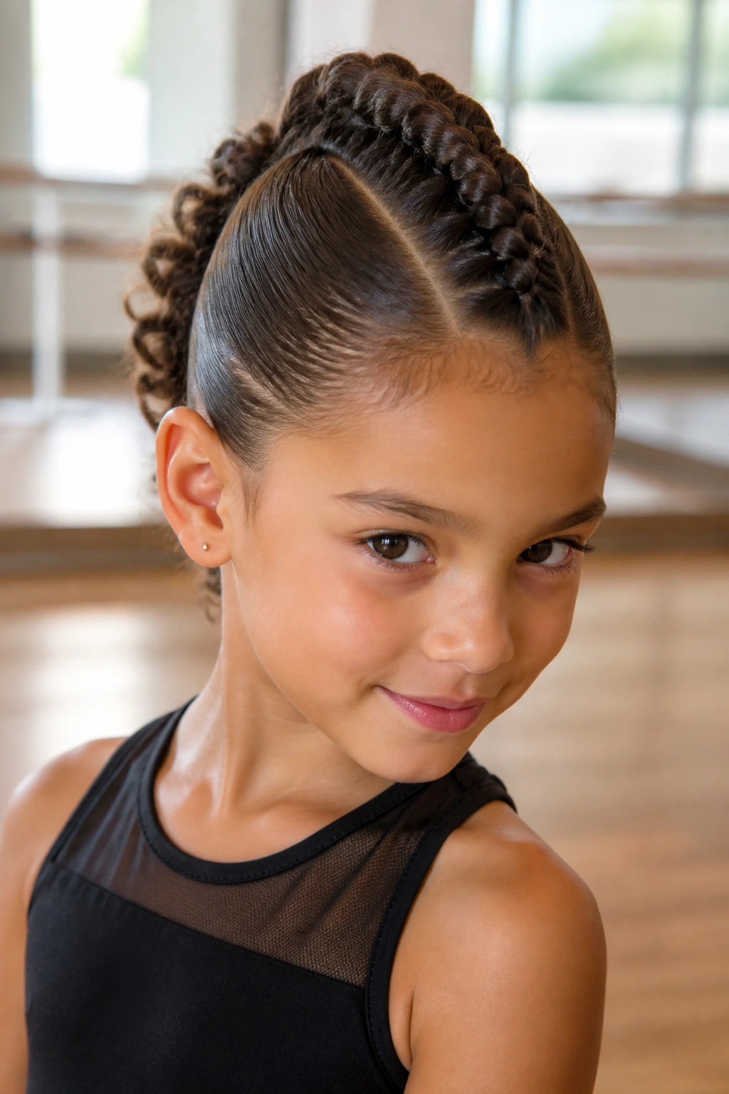 Close-up of a child with a braided Mohawk hairstyle in a bright studio.