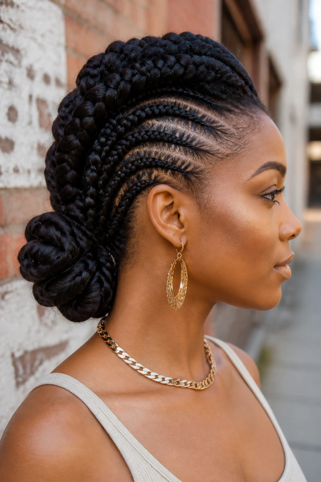 Close-up of a real person with a braided mohawk swept into a low knot