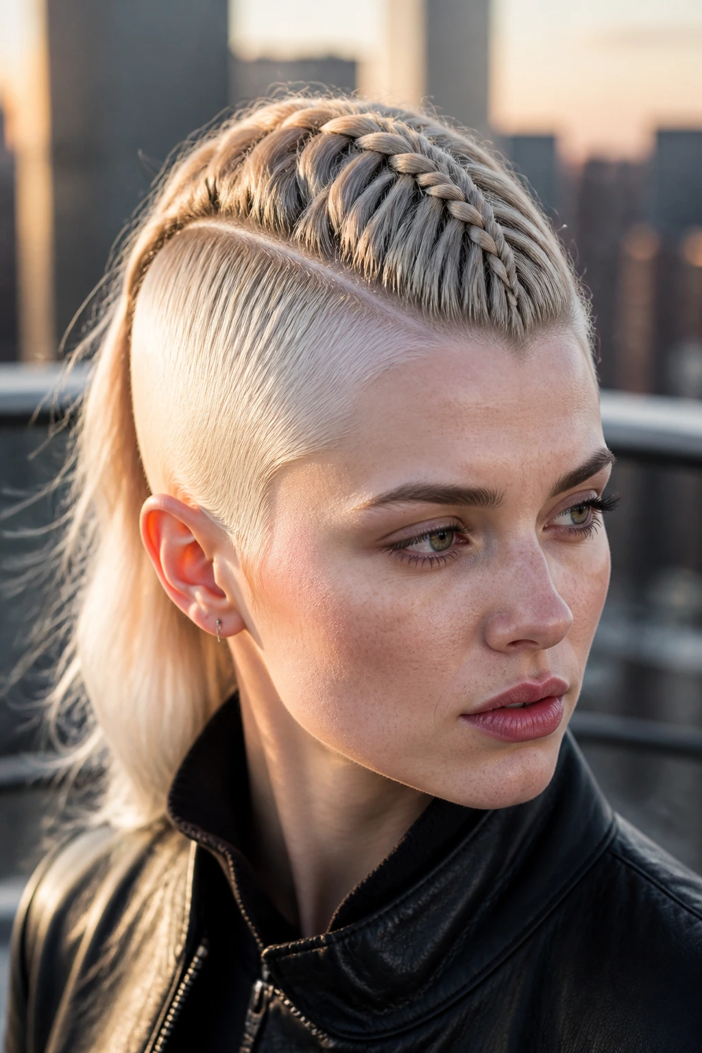 Portrait of a real woman with braided mohawk and platinum panels