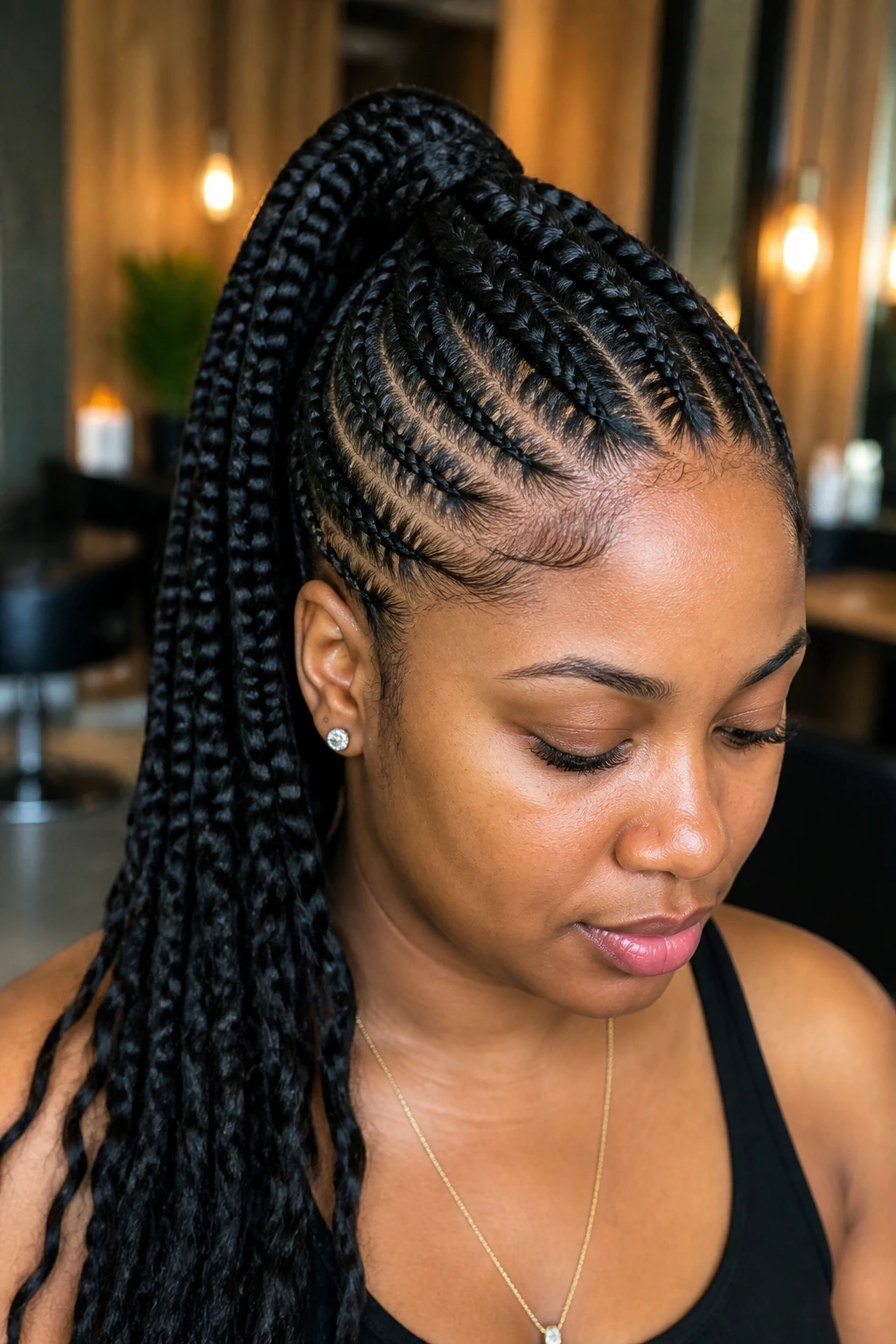 Close-up of a real woman with a braided Mohawk leading to a ponytail