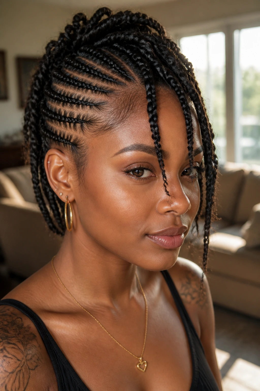 Close-up of a real person with braided mohawk and hanging length