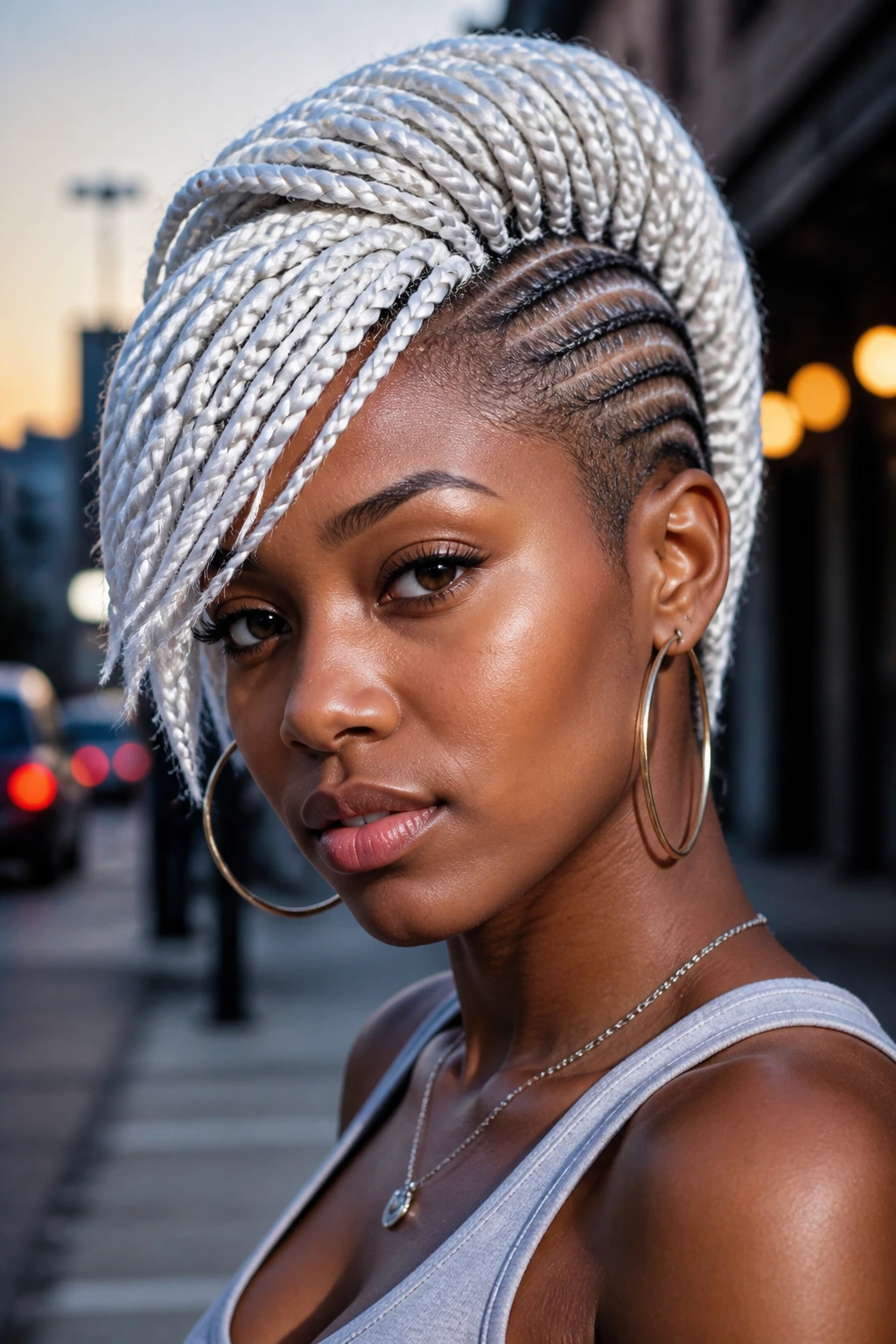 Portrait of a real woman with a braided mohawk and side-swept bang in an urban setting.