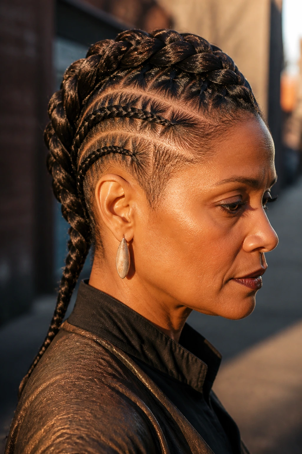 Close-up of a real woman with a braided mohawk and tapered sides.