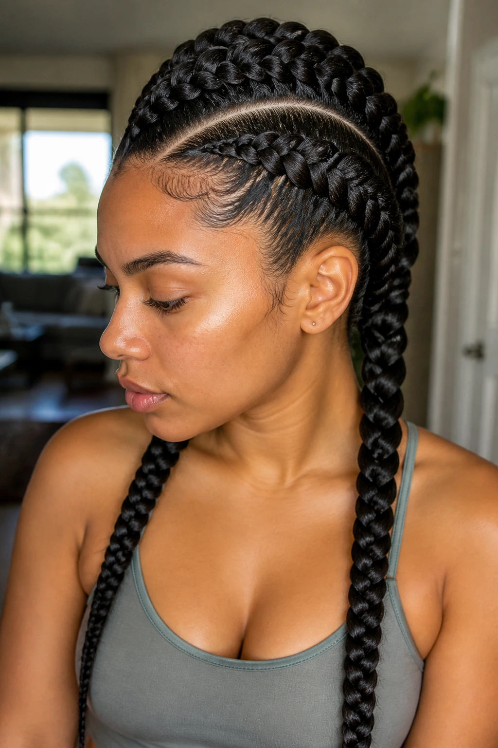 Close-up of real person with braided mohawk twin braids