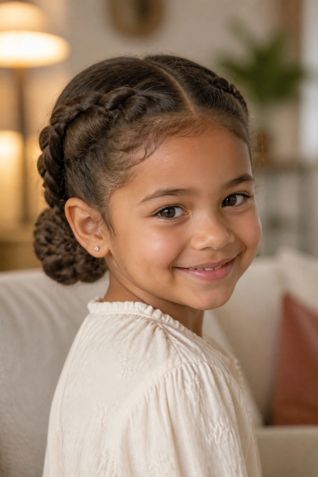 Close-up of a real child with pigtails folded into a wide bun at the back