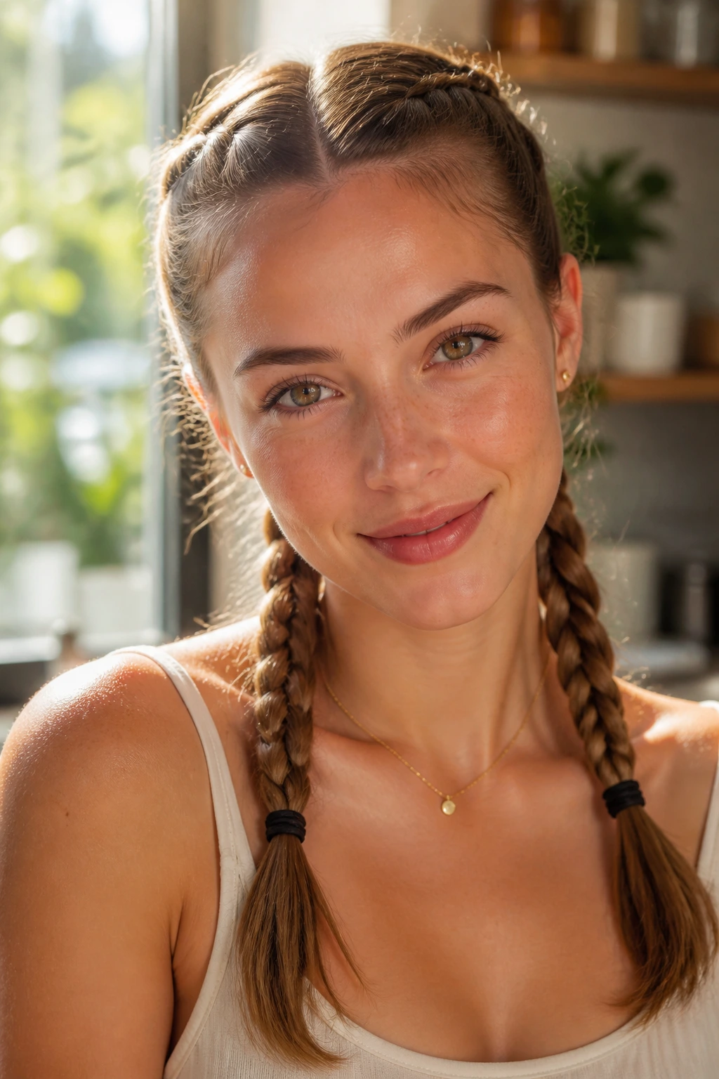 Real woman with two even braided pigtails, center-parted hair, warm lighting