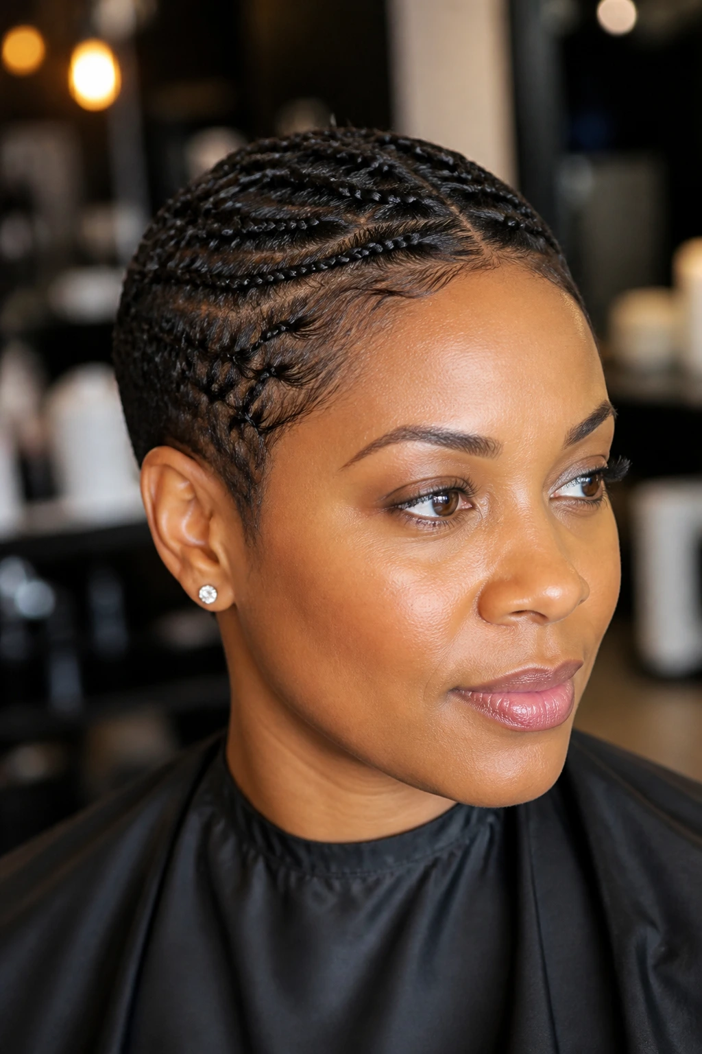 Close-up of a real woman with a braided pixie hairstyle, tiny braids pinned to the scalp