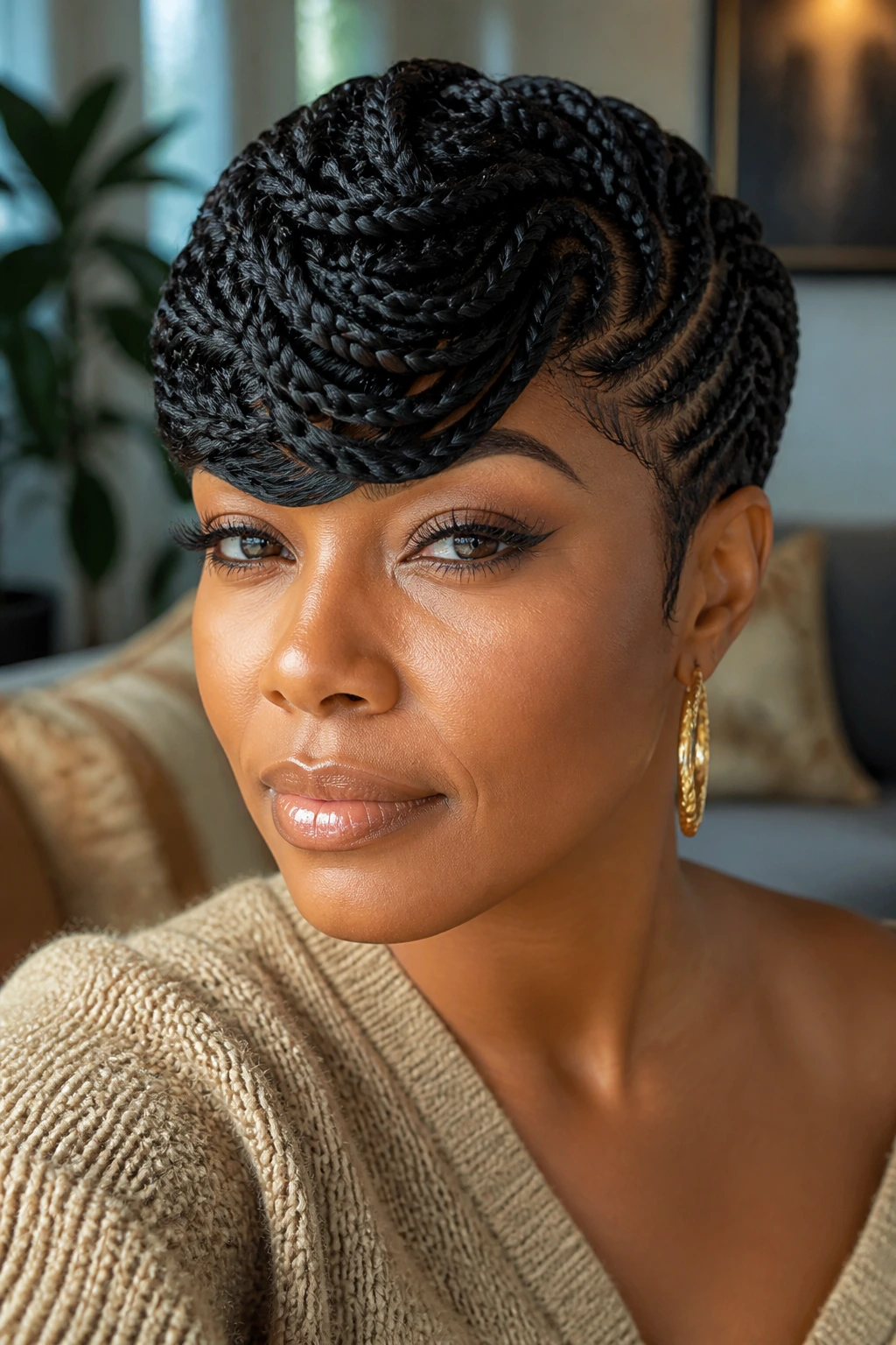 Close-up portrait of a real woman wearing a braided pixie with a swooped fringe