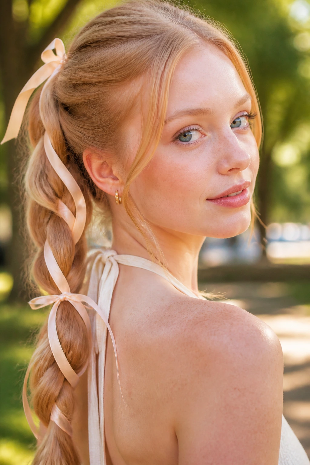 Close-up portrait of a real woman with braided pony and cream apricot ribbons