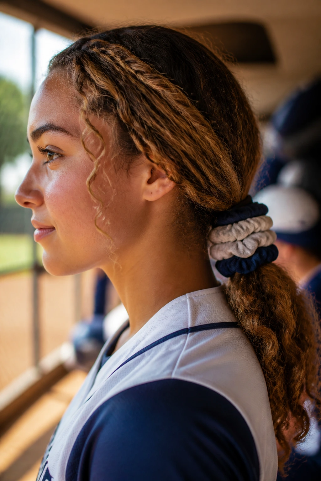 Close-up of a real player with braided low pony and scrunchie stack in a sunlit dugout