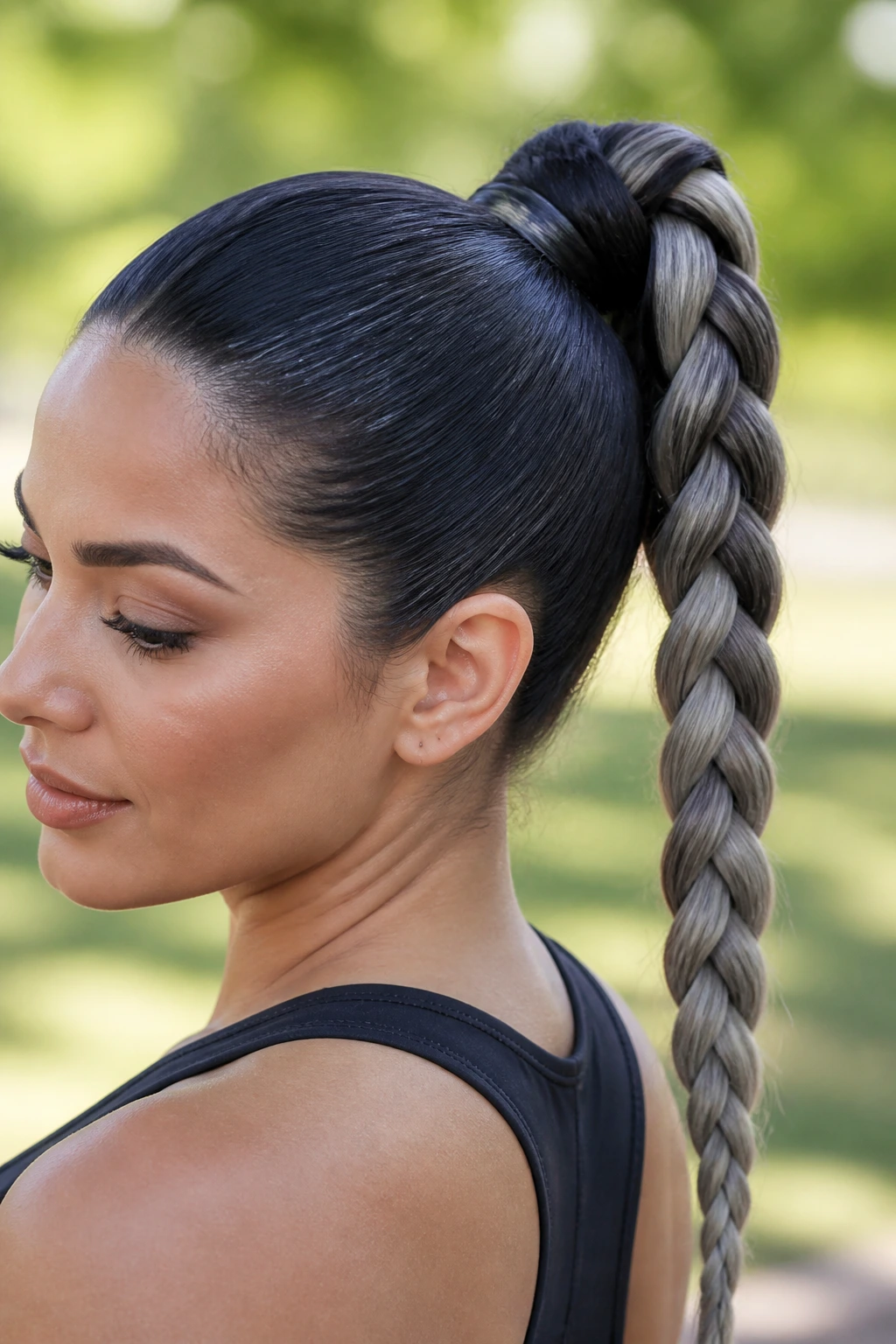 Close-up of real person with a braided ponytail featuring ash-tipped lengths
